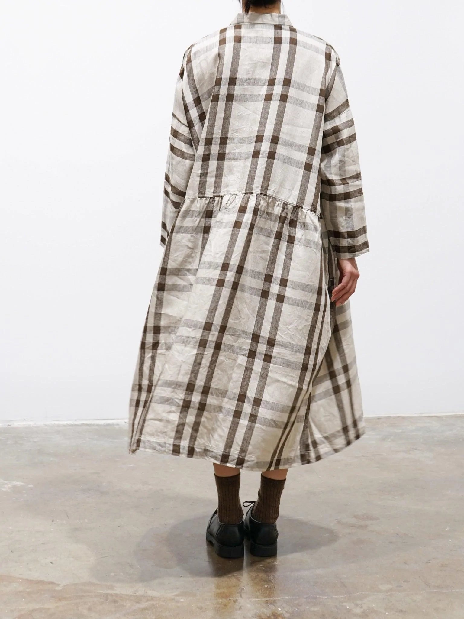 Namu Shop - Ichi Antiquites Linen Twill Check Shirt Dress - Natural x Brown