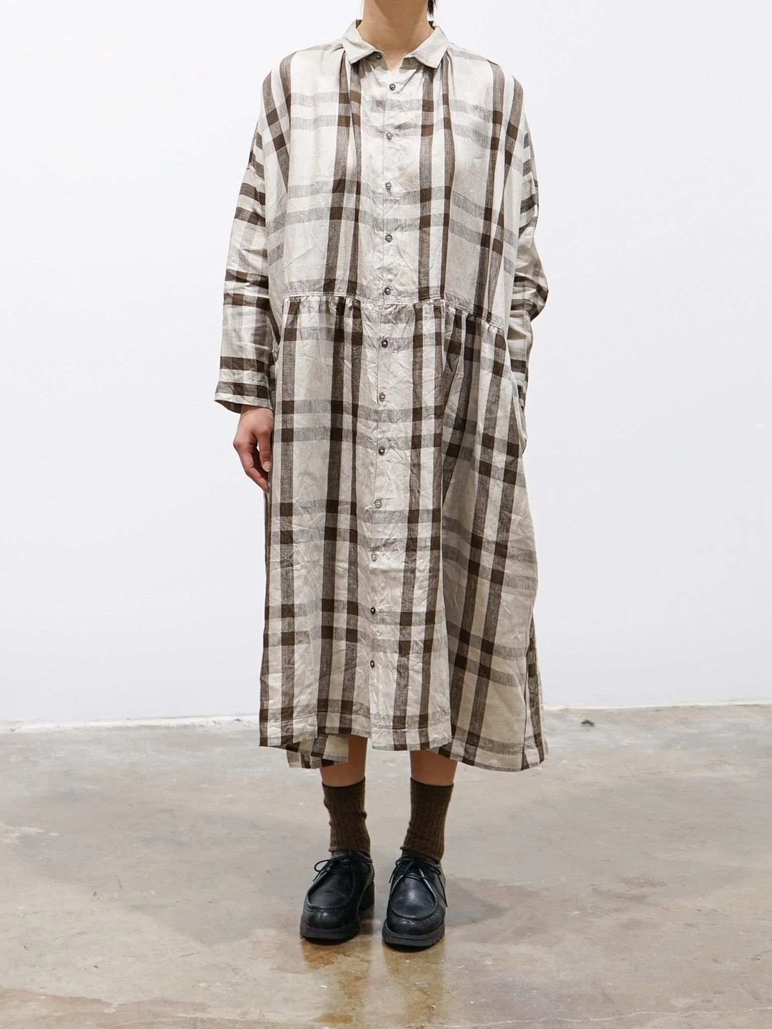 Namu Shop - Ichi Antiquites Linen Twill Check Shirt Dress - Natural x Brown