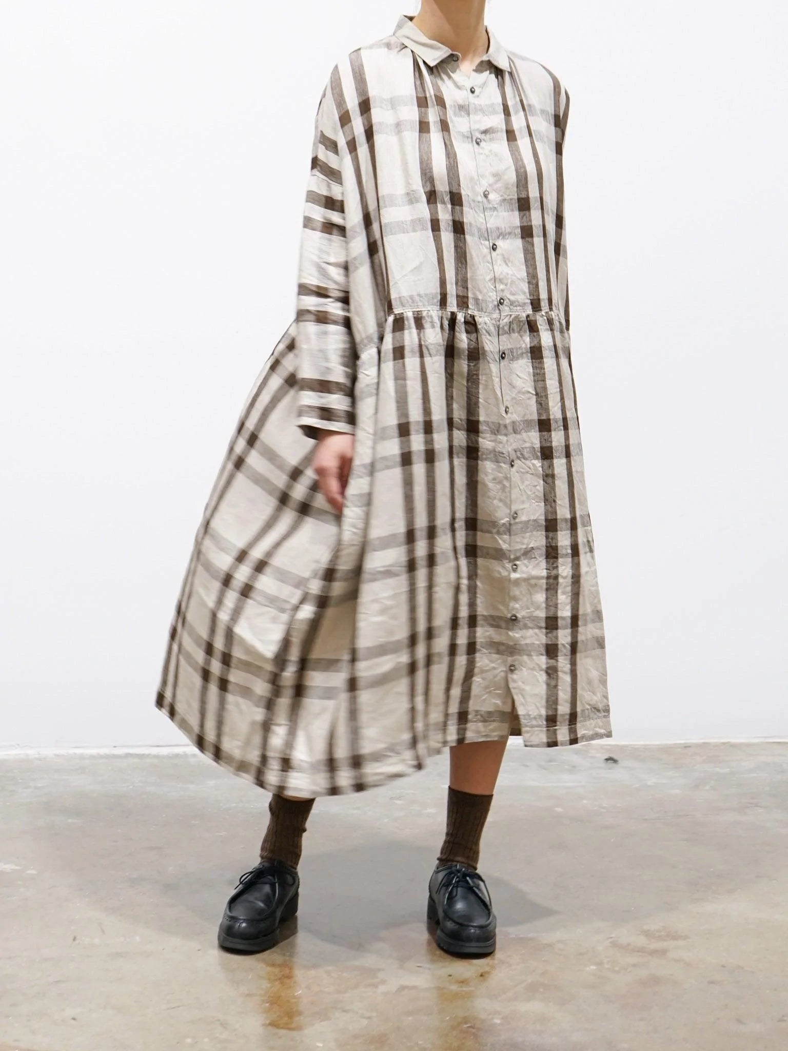 Namu Shop - Ichi Antiquites Linen Twill Check Shirt Dress - Natural x Brown