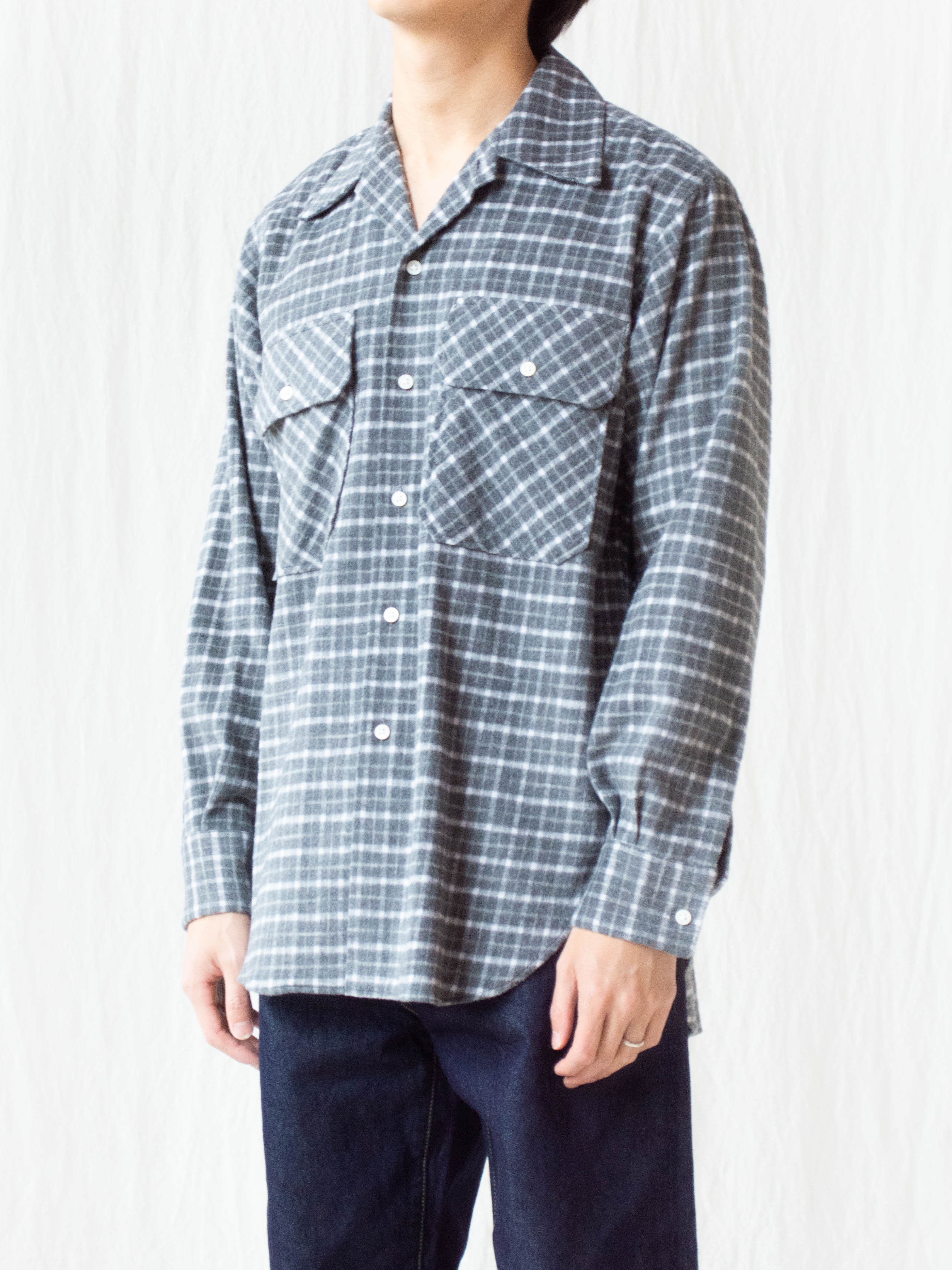 Namu Shop - Kaptain Sunshine Brushed Flannel Open Collar Shirt - Gray Plaid