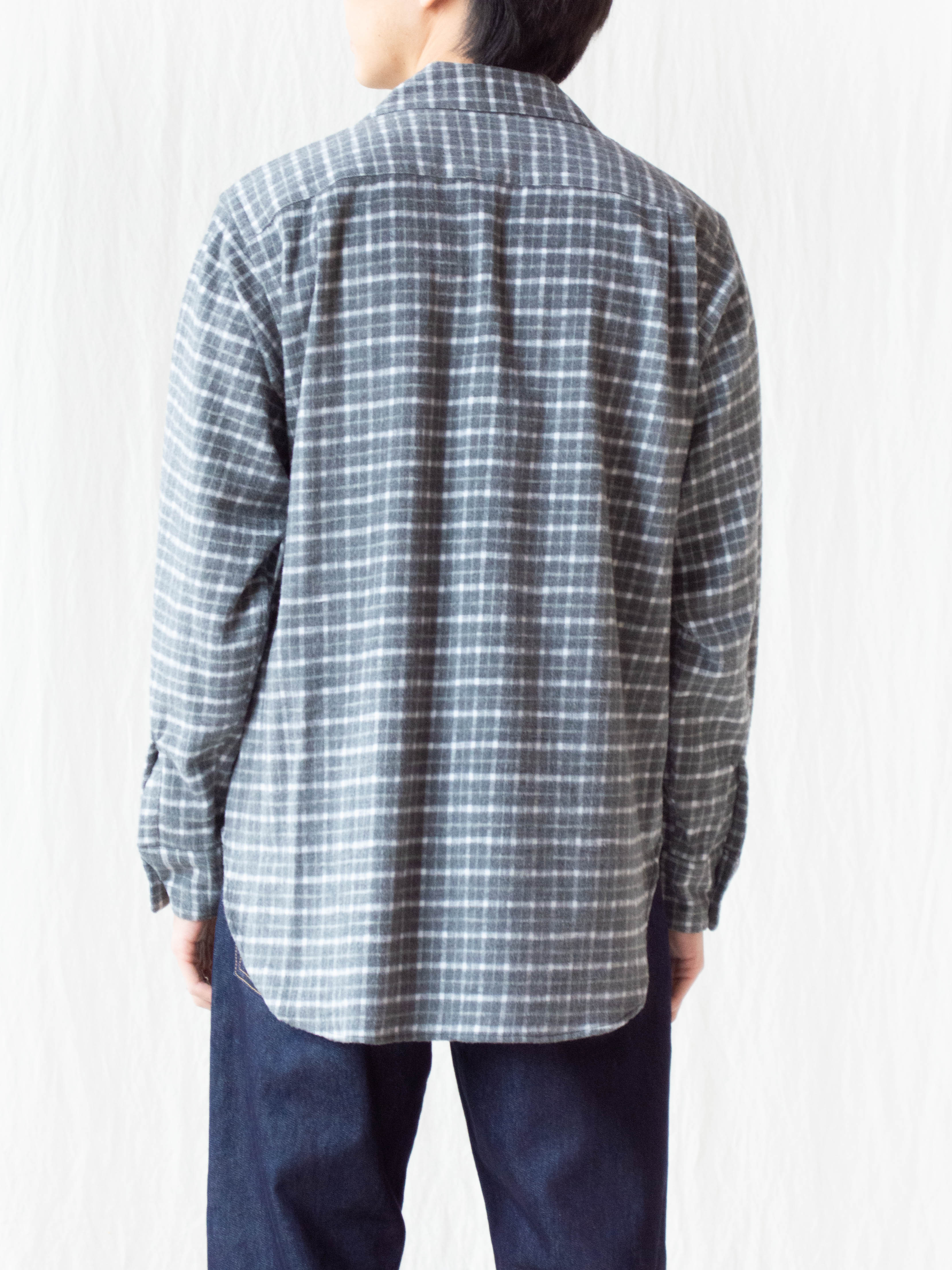Namu Shop - Kaptain Sunshine Brushed Flannel Open Collar Shirt - Gray Plaid
