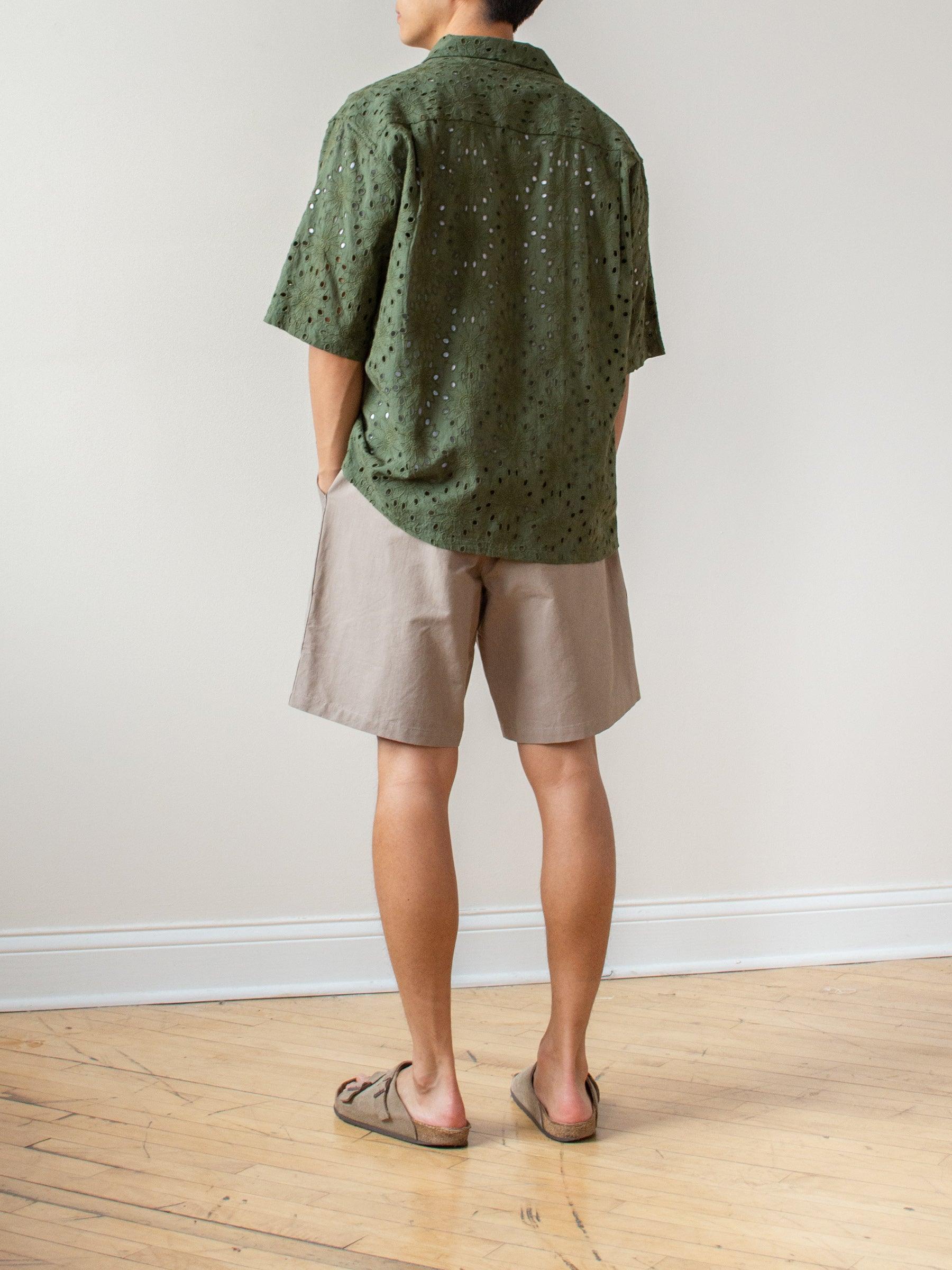 Namu Shop - Niche Flower Lace S/S Open Collar Shirt - Green