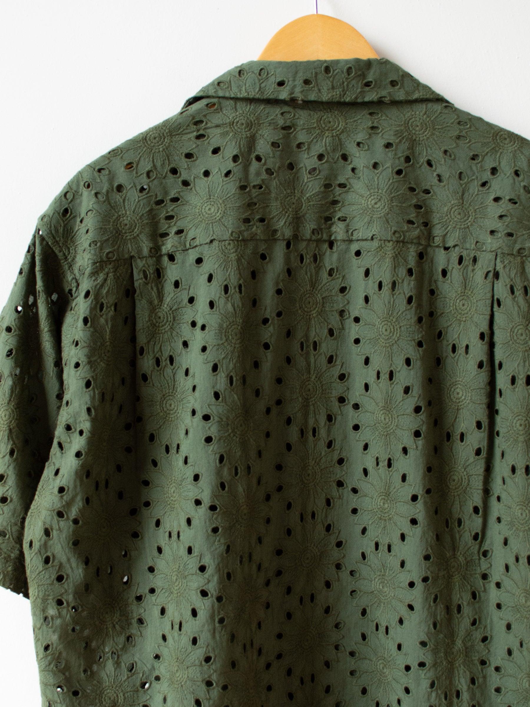 Namu Shop - Niche Flower Lace S/S Open Collar Shirt - Green