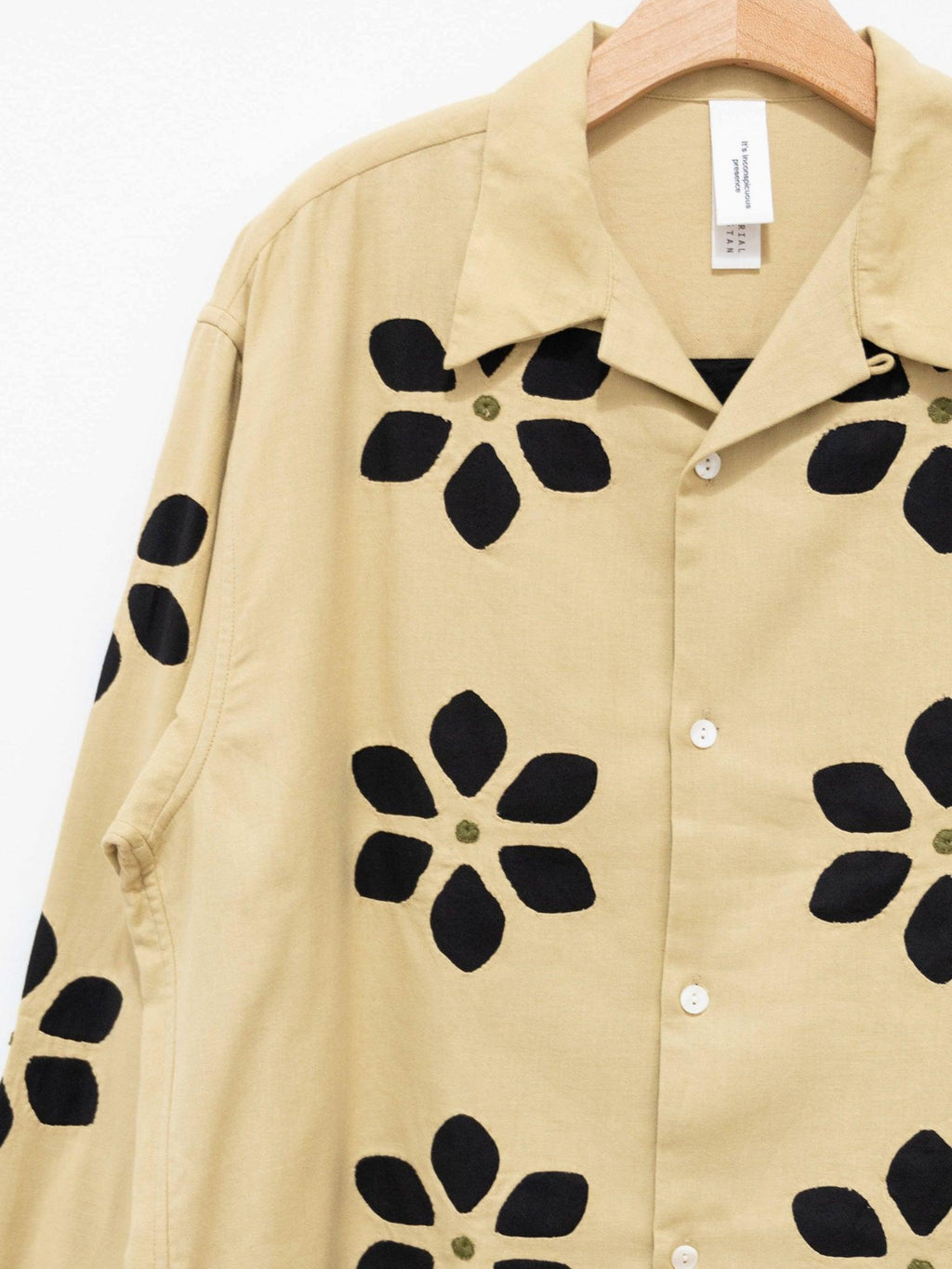 Namu Shop - Niche Twill Flower Cut Work Open Collar Shirt - Beige