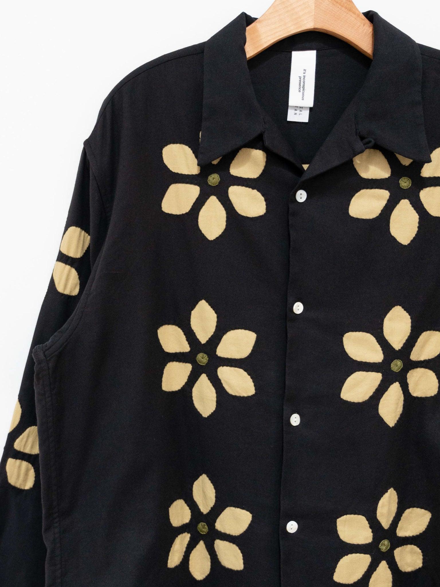 Namu Shop - Niche Twill Flower Cut Work Open Collar Shirt - Black