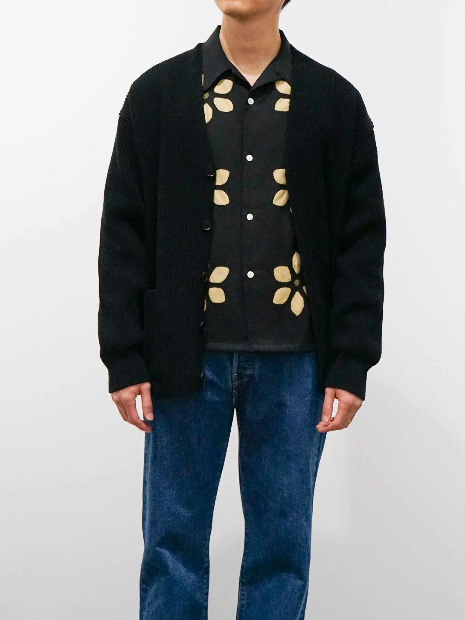 Namu Shop - Niche Twill Flower Cut Work Open Collar Shirt - Black