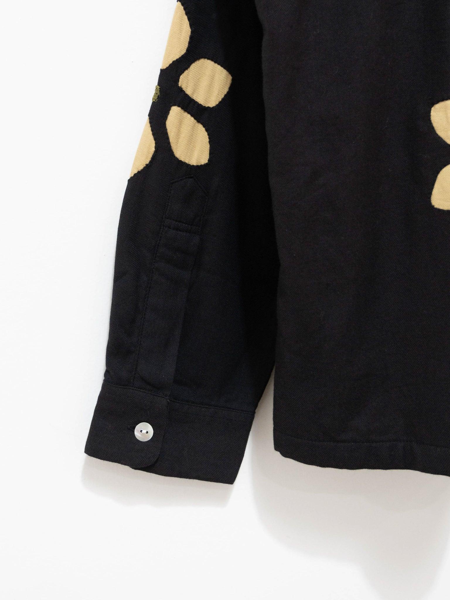 Namu Shop - Niche Twill Flower Cut Work Open Collar Shirt - Black