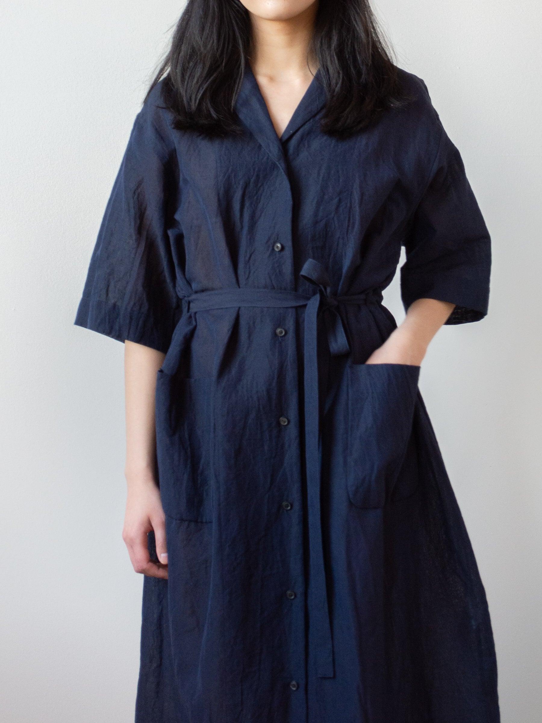 Namu Shop - Phlannel Cotton Linen Voile Open Collared Dress - Navy