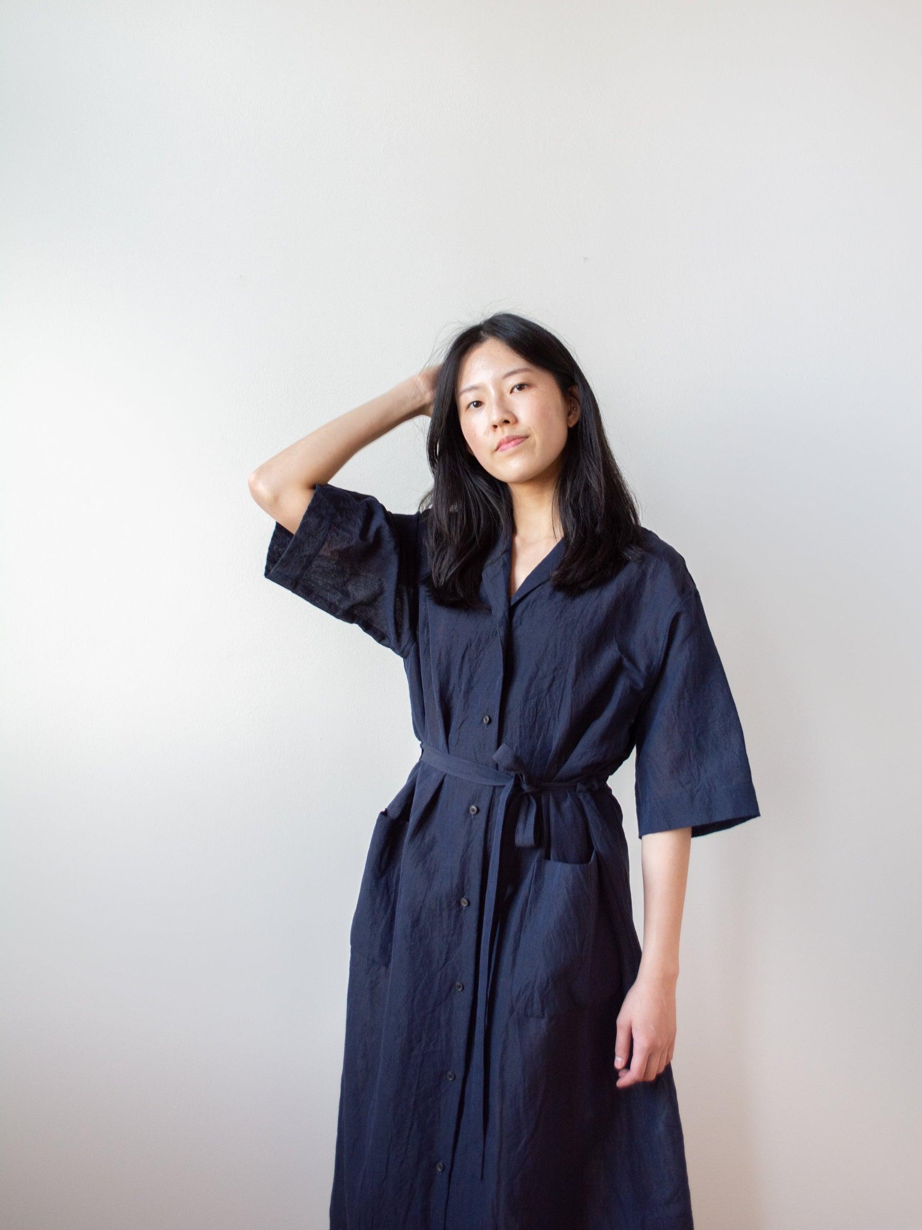 Namu Shop - Phlannel Cotton Linen Voile Open Collared Dress - Navy