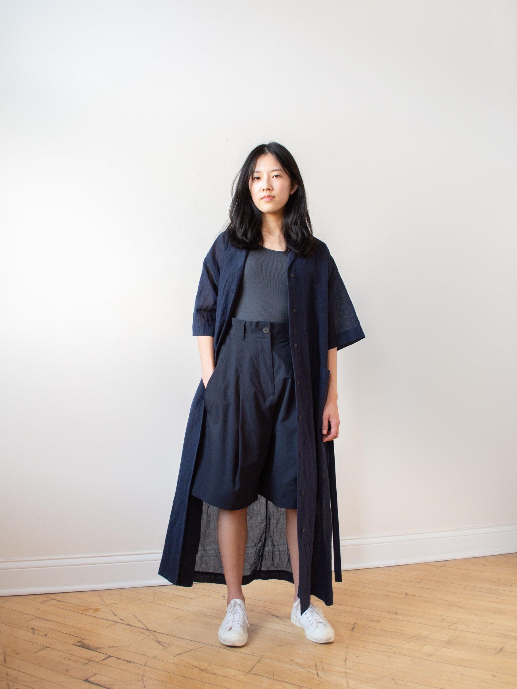 Namu Shop - Phlannel Cotton Linen Voile Open Collared Dress - Navy