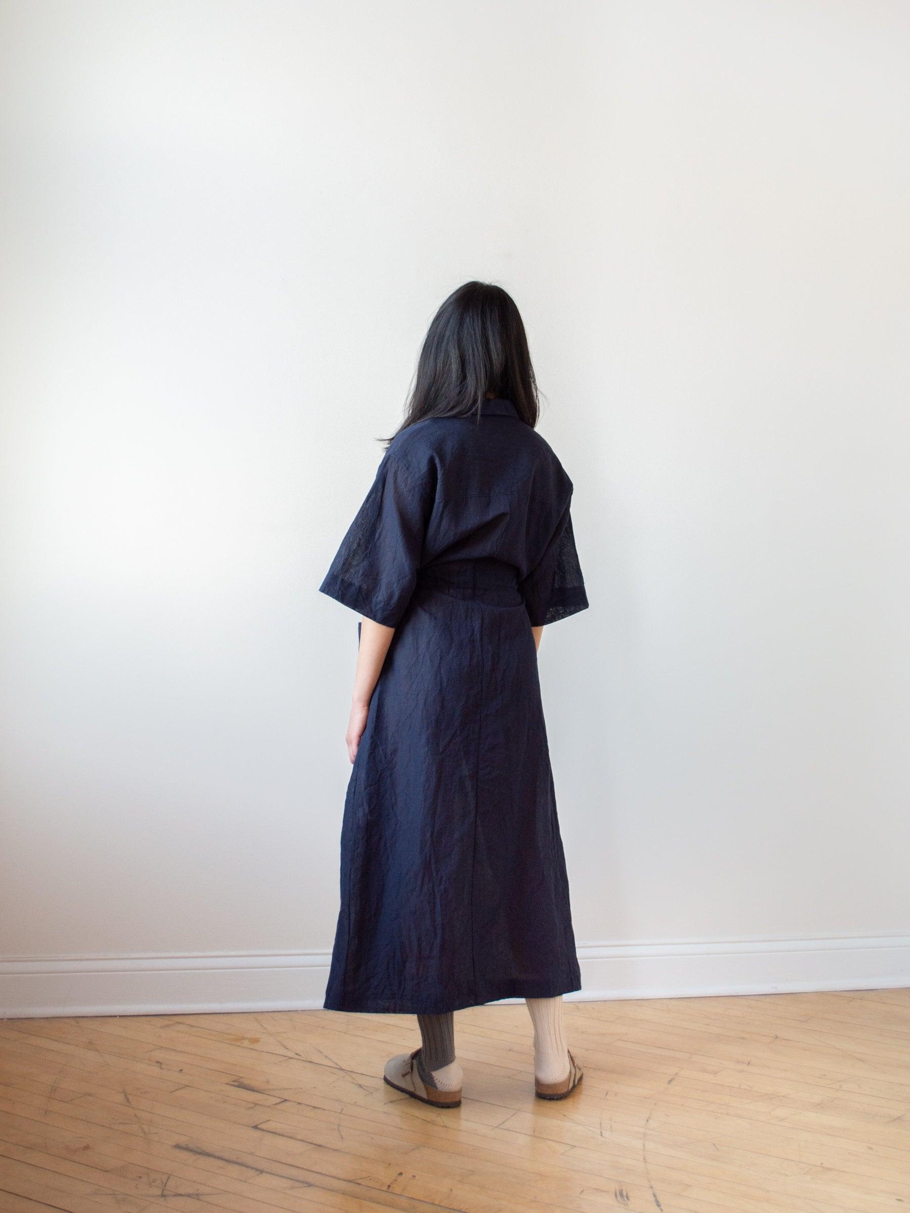 Namu Shop - Phlannel Cotton Linen Voile Open Collared Dress - Navy