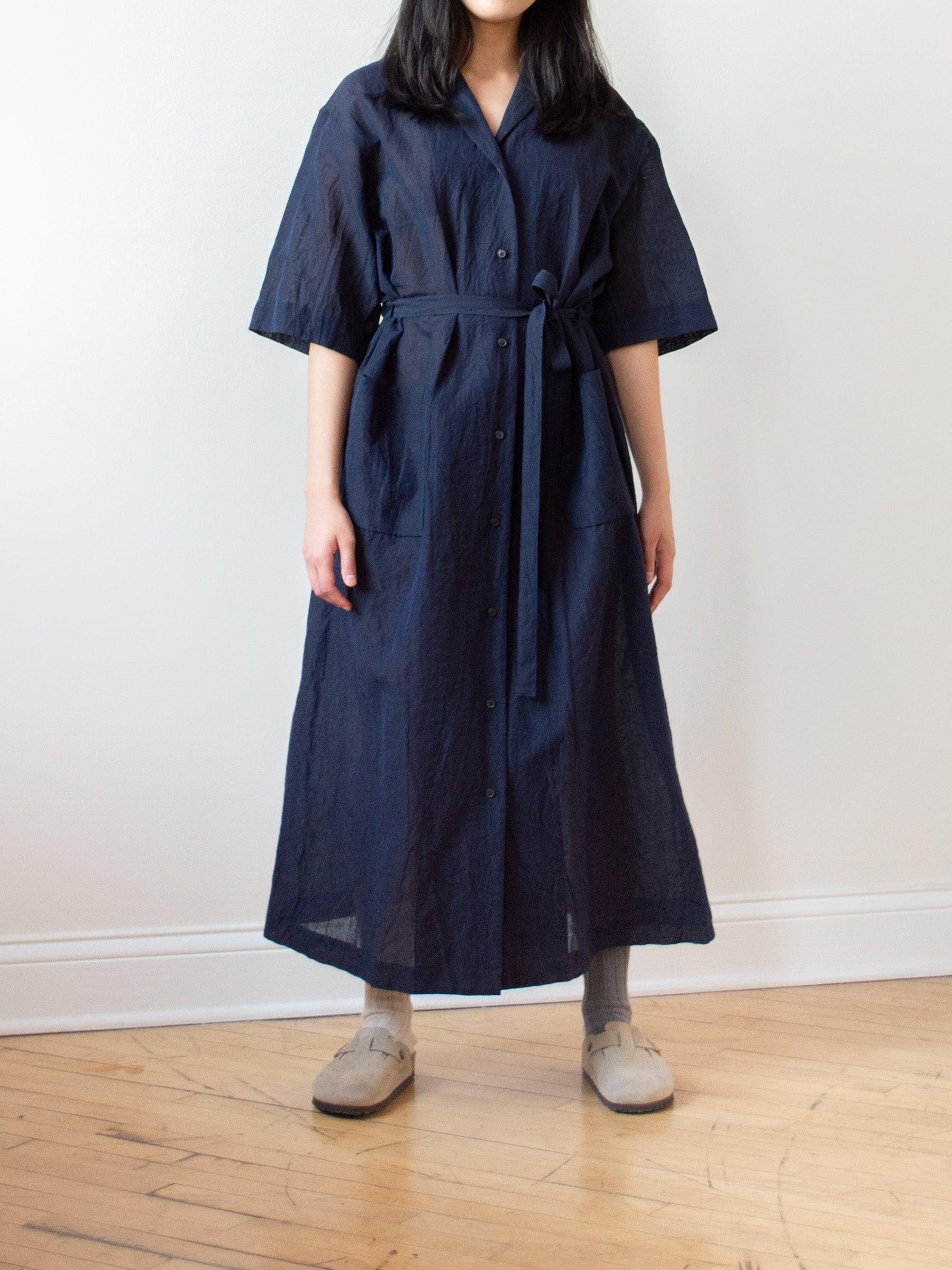 Namu Shop - Phlannel Cotton Linen Voile Open Collared Dress - Navy