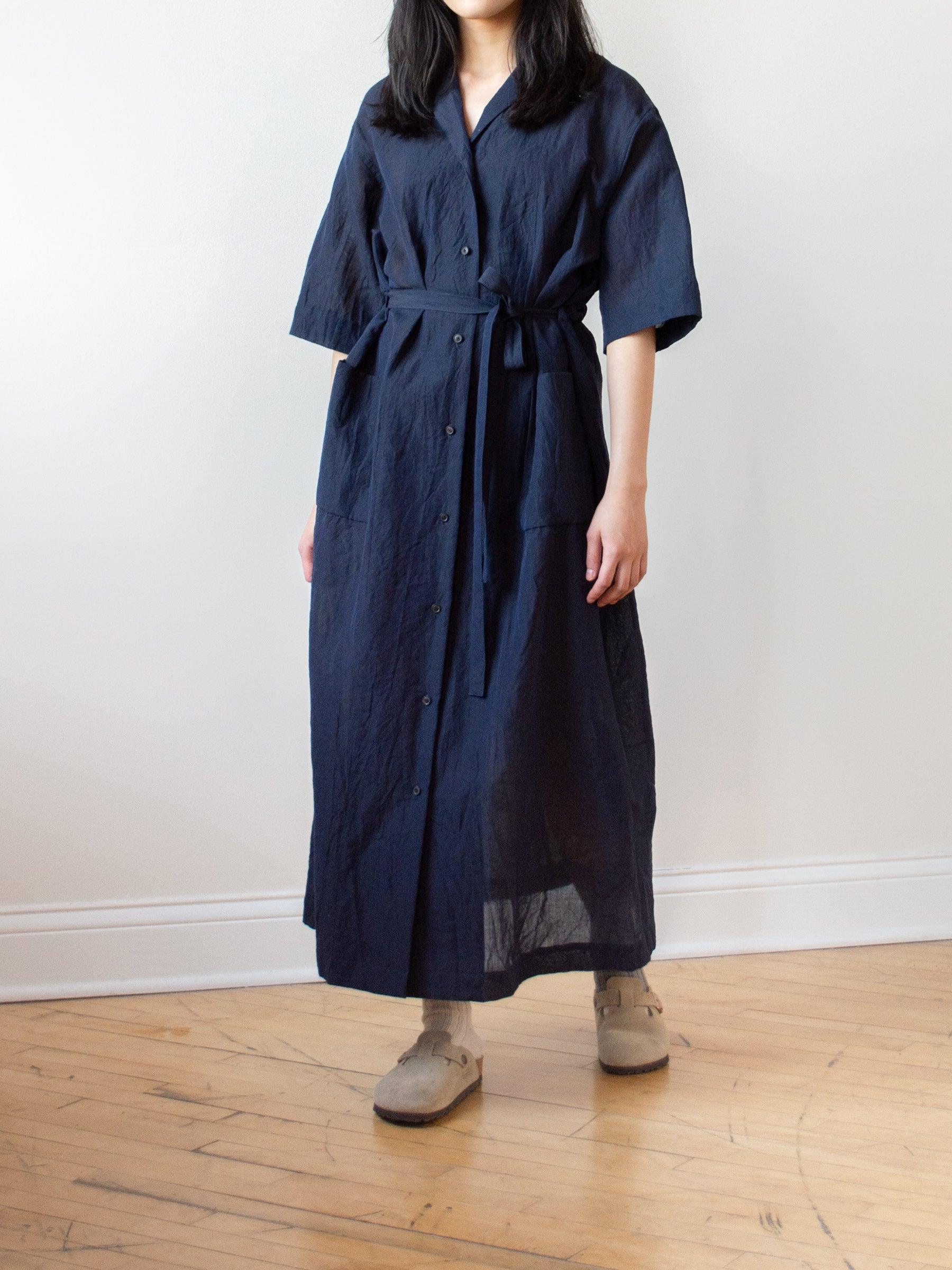 Namu Shop - Phlannel Cotton Linen Voile Open Collared Dress - Navy