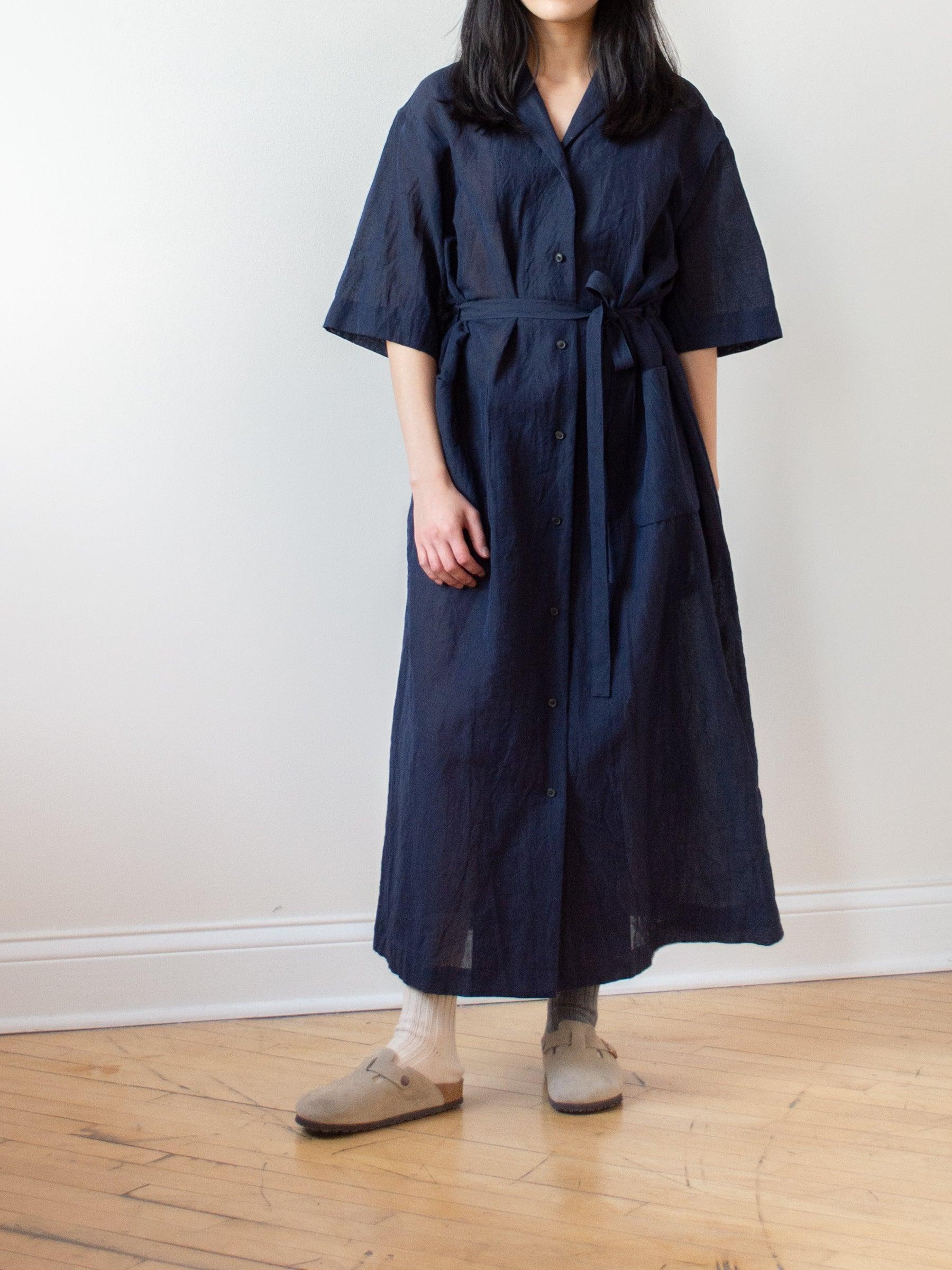 Namu Shop - Phlannel Cotton Linen Voile Open Collared Dress - Navy