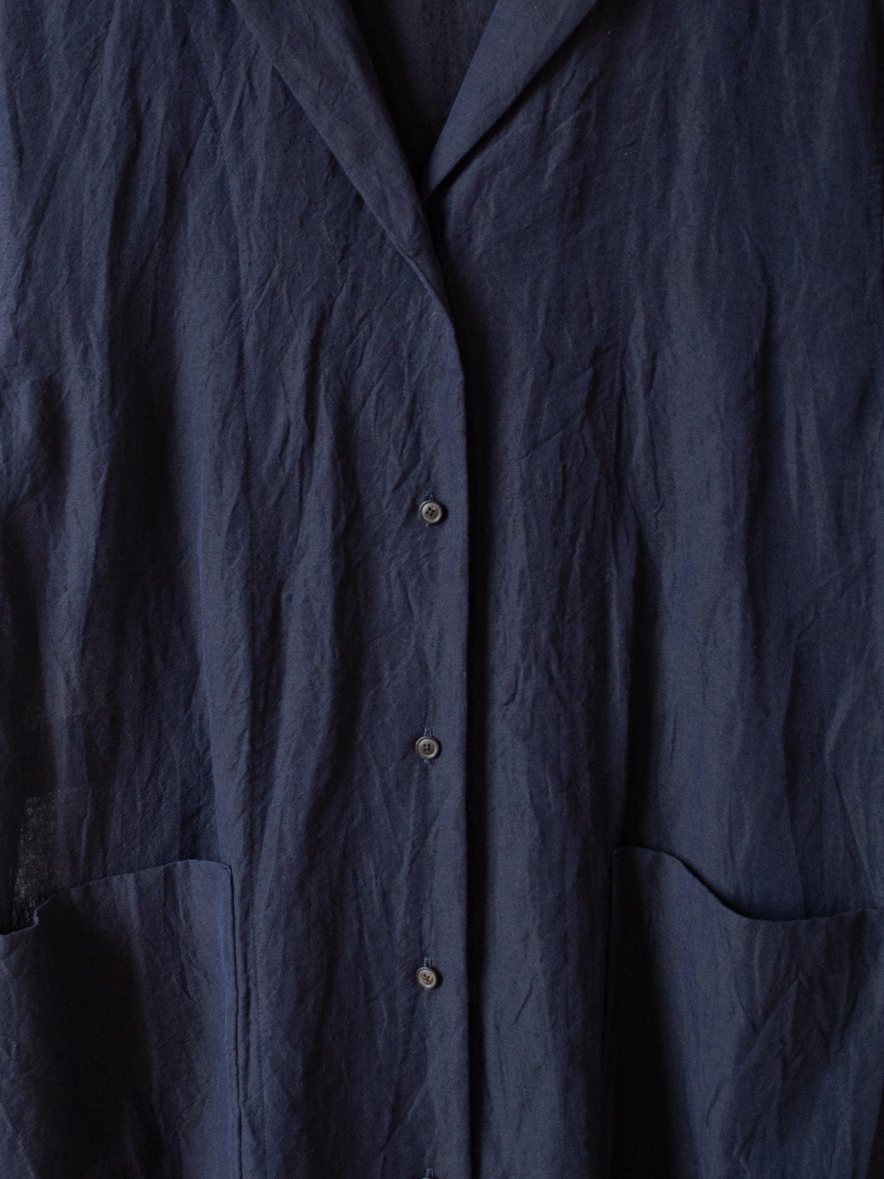 Namu Shop - Phlannel Cotton Linen Voile Open Collared Dress - Navy