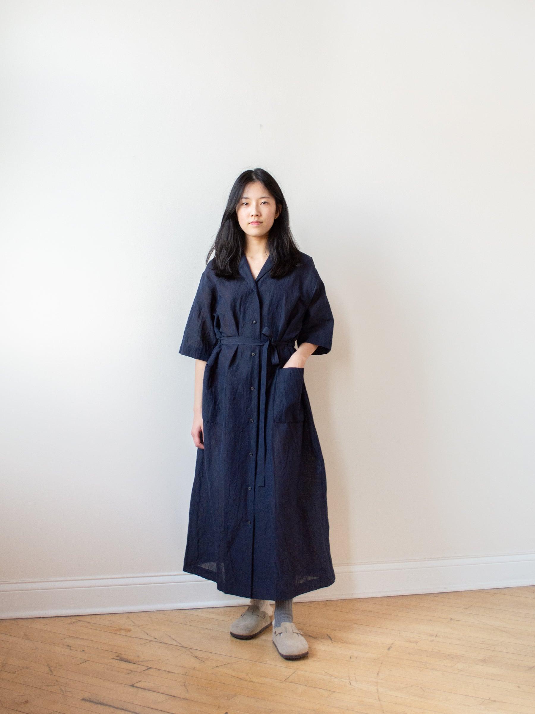 Namu Shop - Phlannel Cotton Linen Voile Open Collared Dress - Navy
