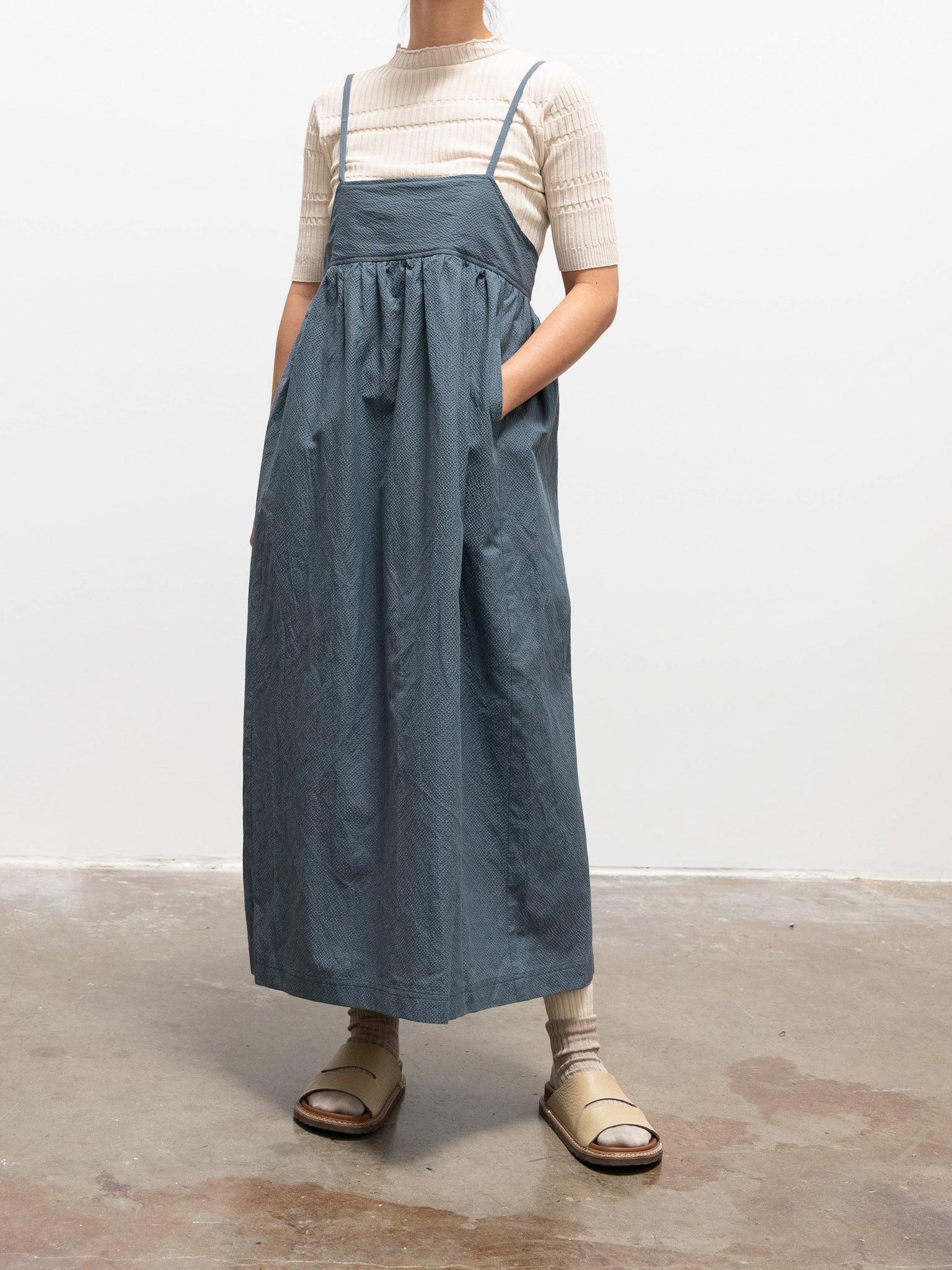 Namu Shop - Phlannel Cotton Silk Ramie Check Camisole Dress - Gray Blue