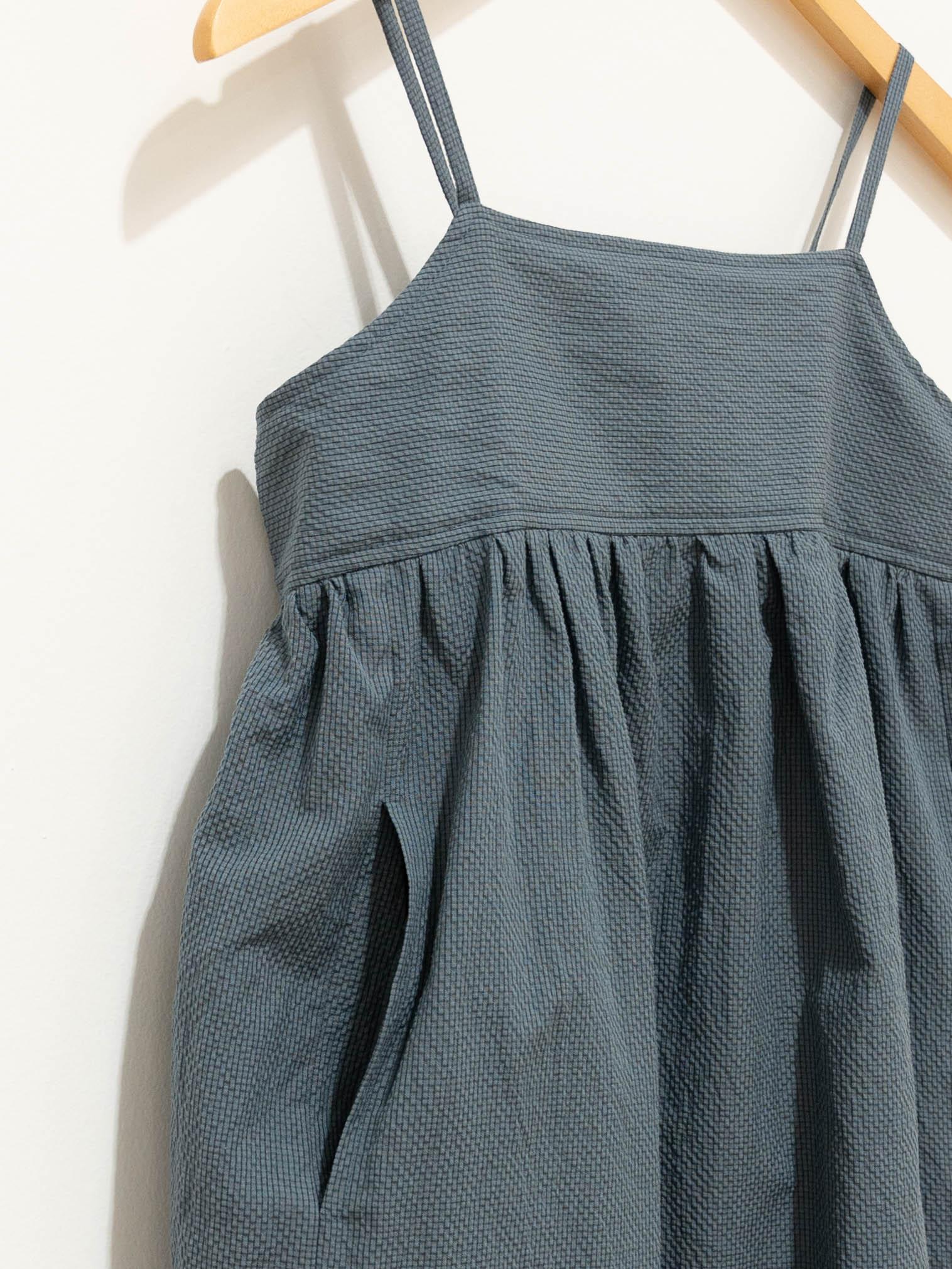 Namu Shop - Phlannel Cotton Silk Ramie Check Camisole Dress - Gray Blue