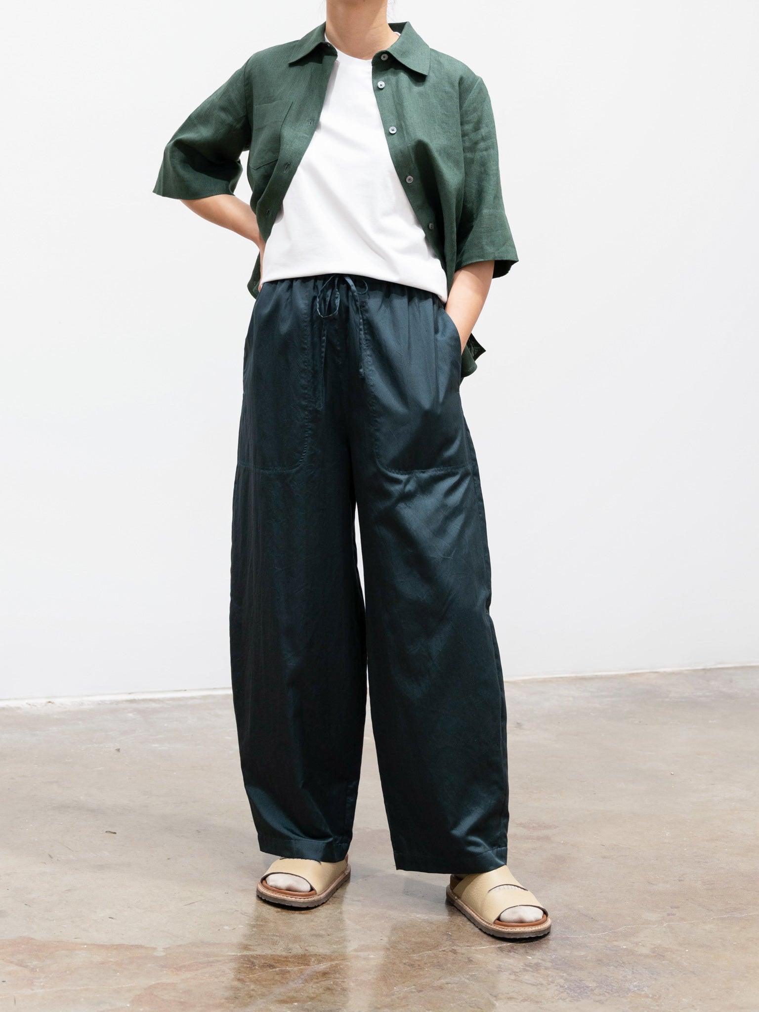 Namu Shop - Phlannel Cotton Silk Satin Easy Trousers - Dark Green