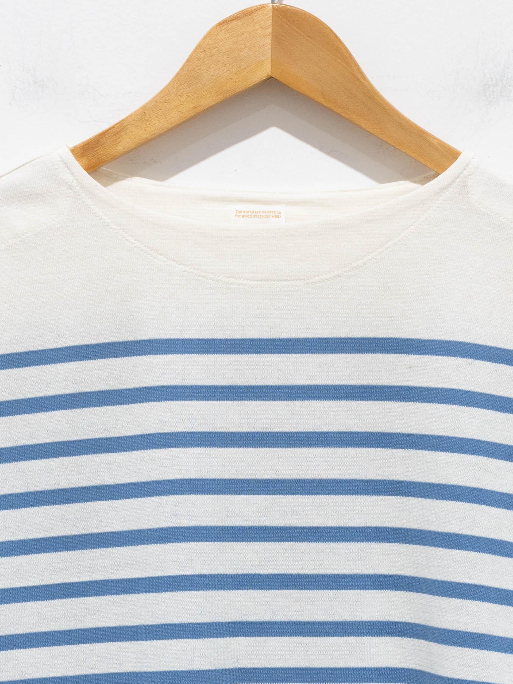 Namu Shop - Phlannel Washi Cotton Panel Border Basque Shirt - White/Pale Blue