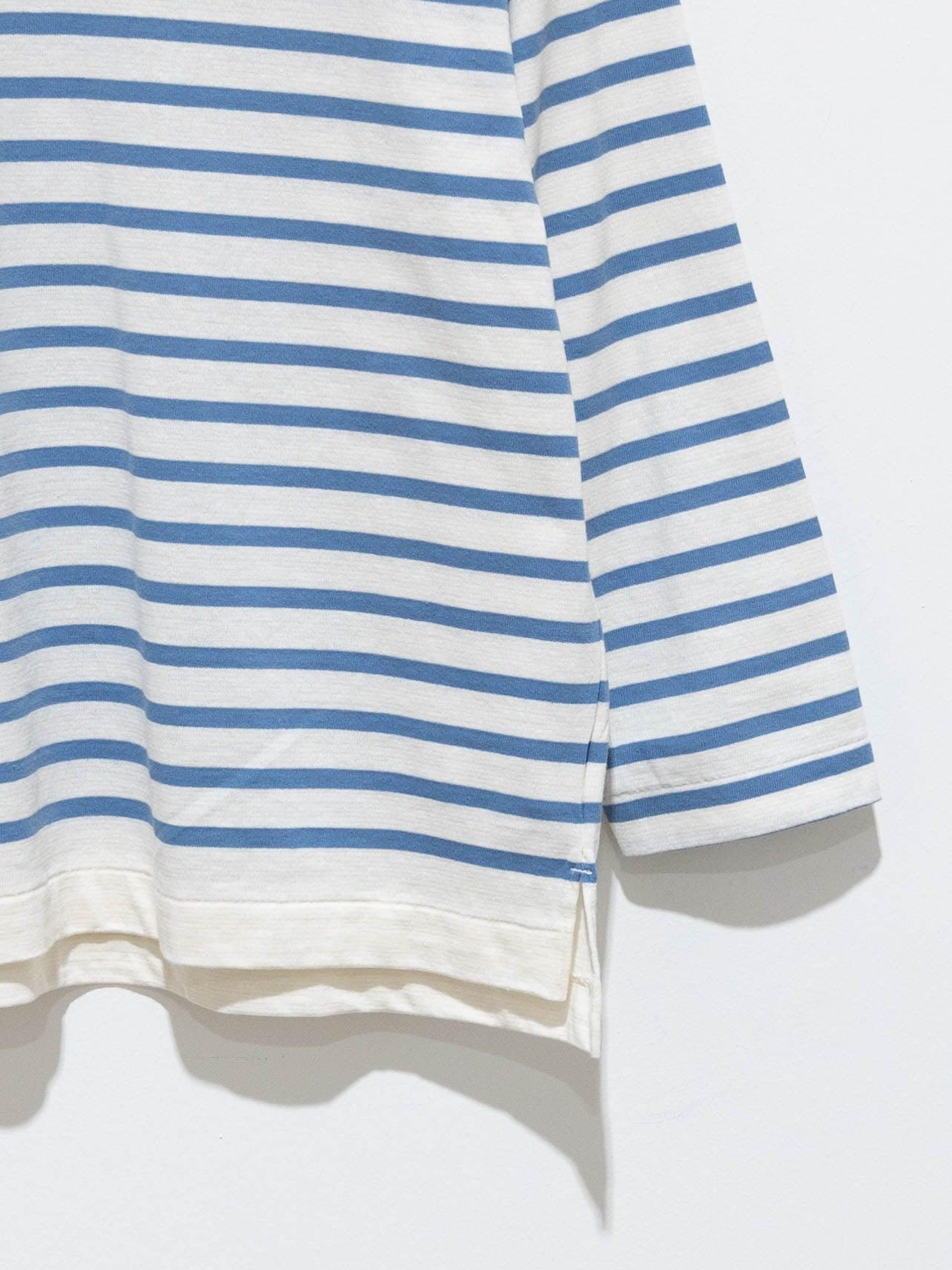 Namu Shop - Phlannel Washi Cotton Panel Border Basque Shirt - White/Pale Blue