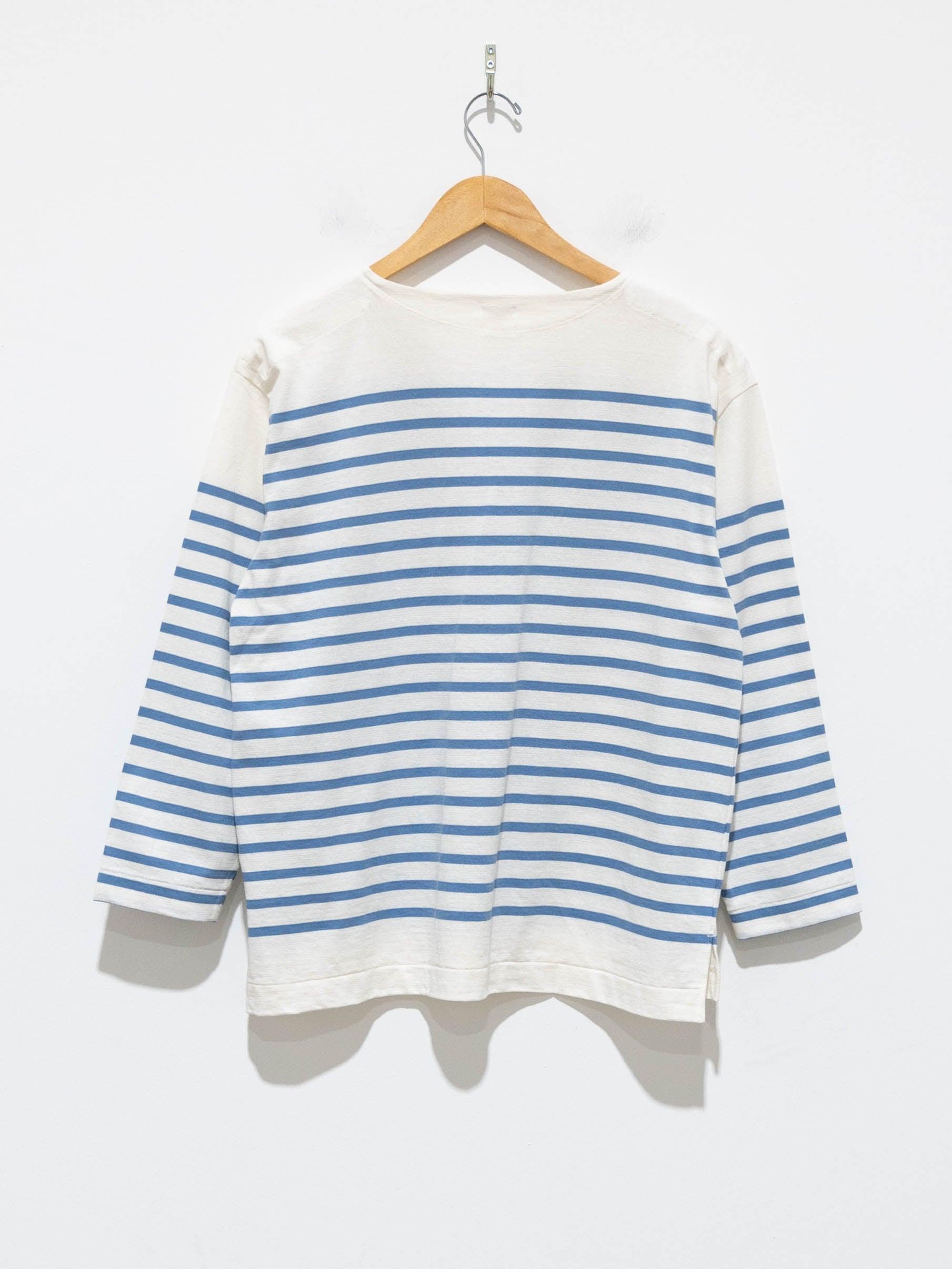 Namu Shop - Phlannel Washi Cotton Panel Border Basque Shirt - White/Pale Blue