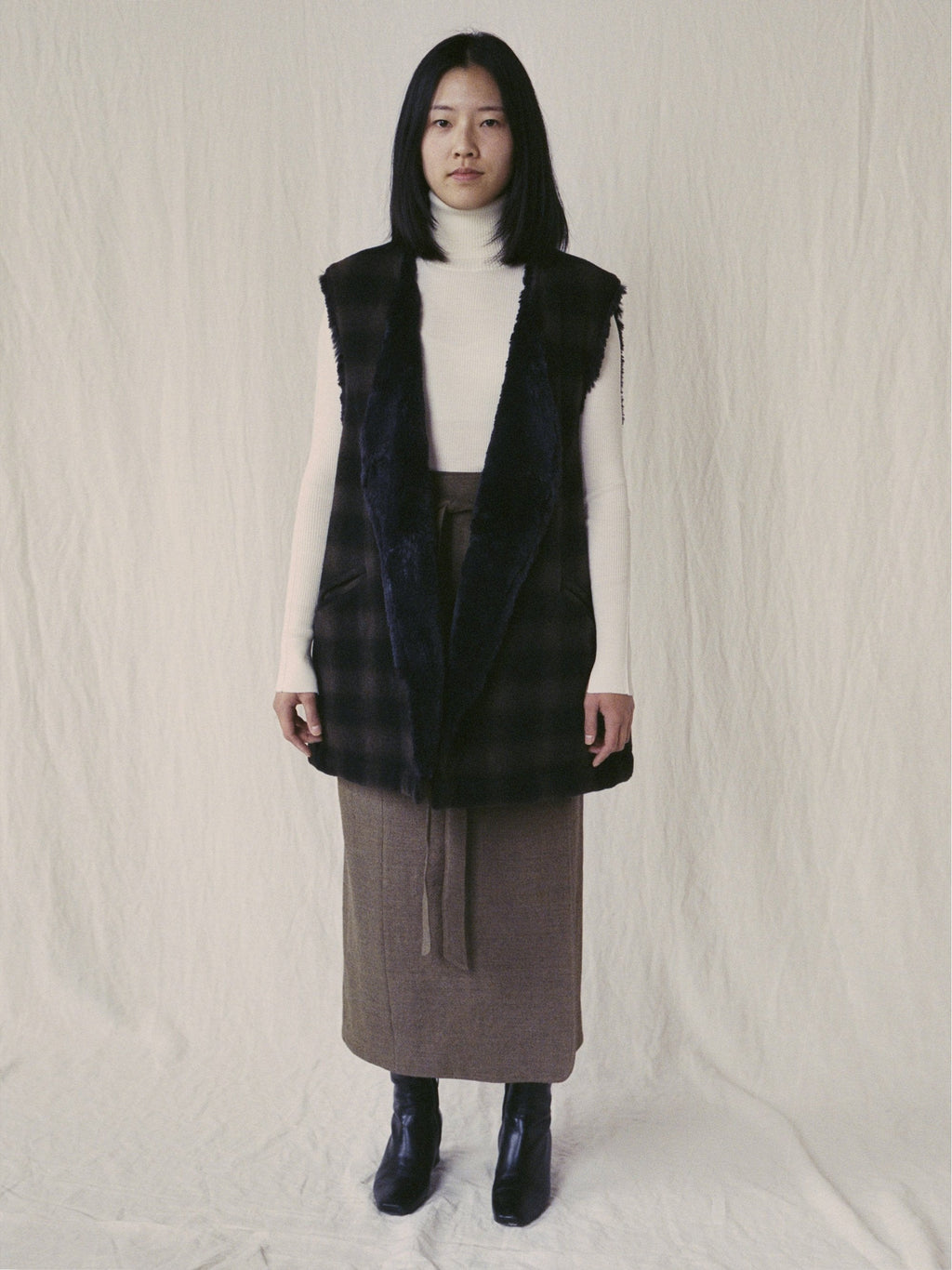 Namu Shop - ts(s) Boa Lined Belted Vest - Ombre Plaid Wool