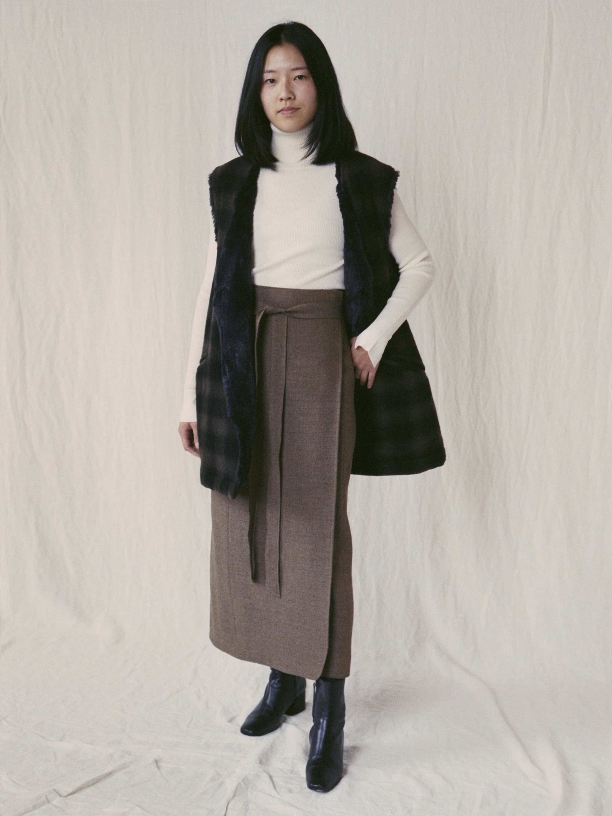 Namu Shop - ts(s) Boa Lined Belted Vest - Ombre Plaid Wool