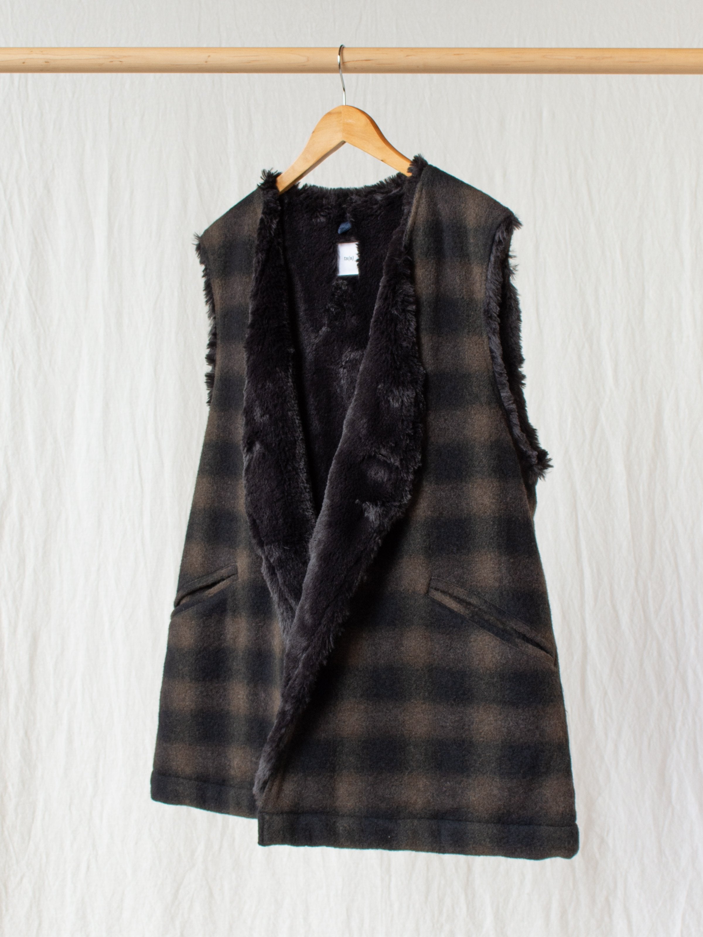Namu Shop - ts(s) Boa Lined Belted Vest - Ombre Plaid Wool