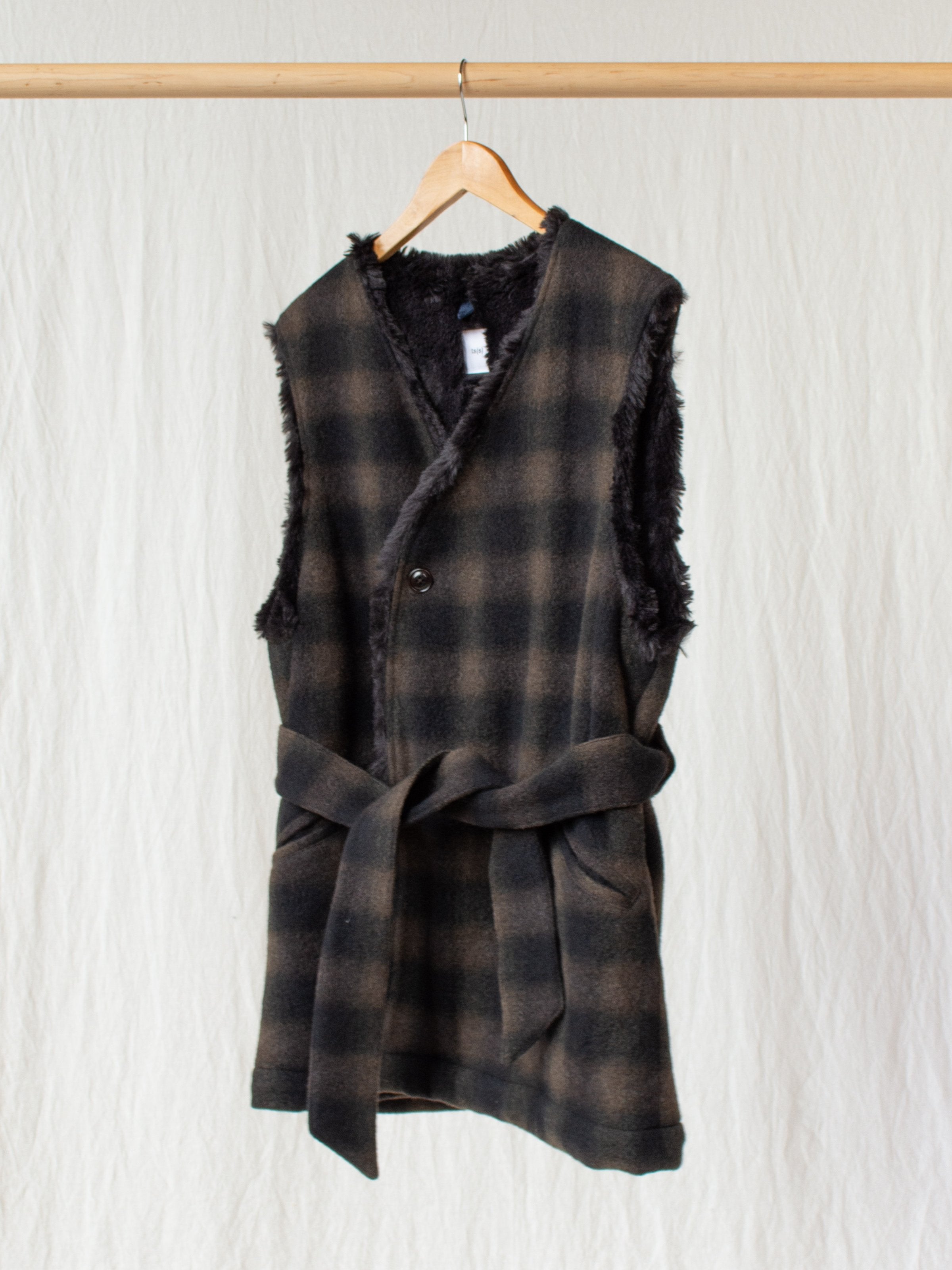 Namu Shop - ts(s) Boa Lined Belted Vest - Ombre Plaid Wool