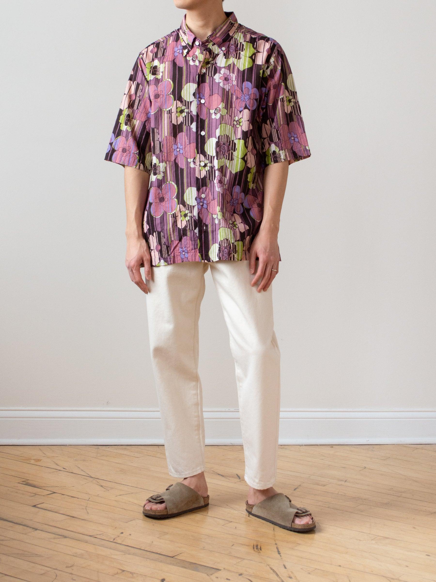 Namu Shop - ts(s) Retro Flower Print S/S BD Shirt - Wine