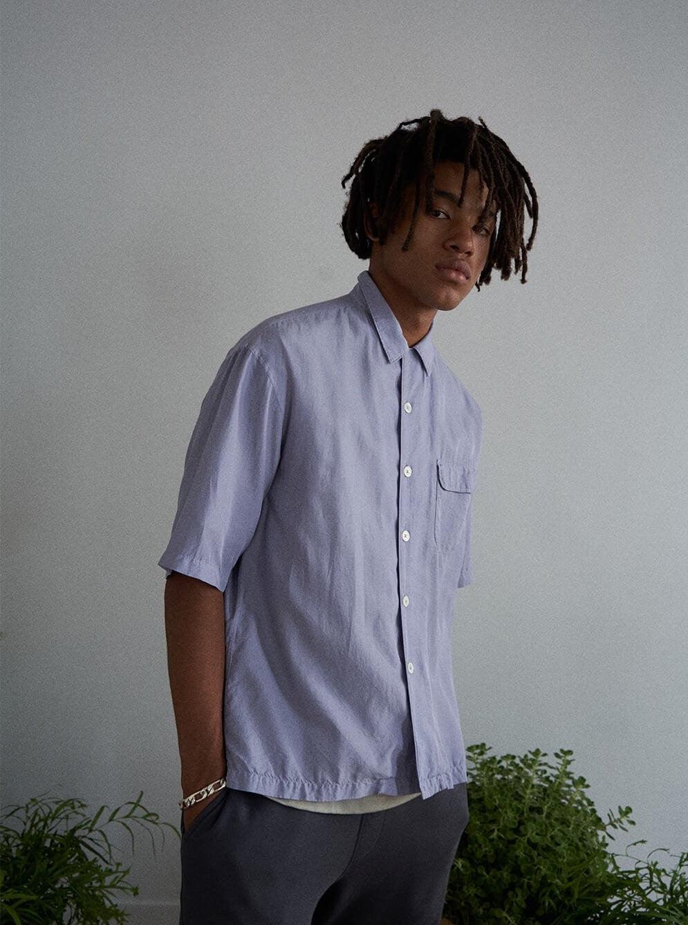 Namu Shop - Unfil Cotton Silk Twill Open Collar SS Shirt - Blue Gray