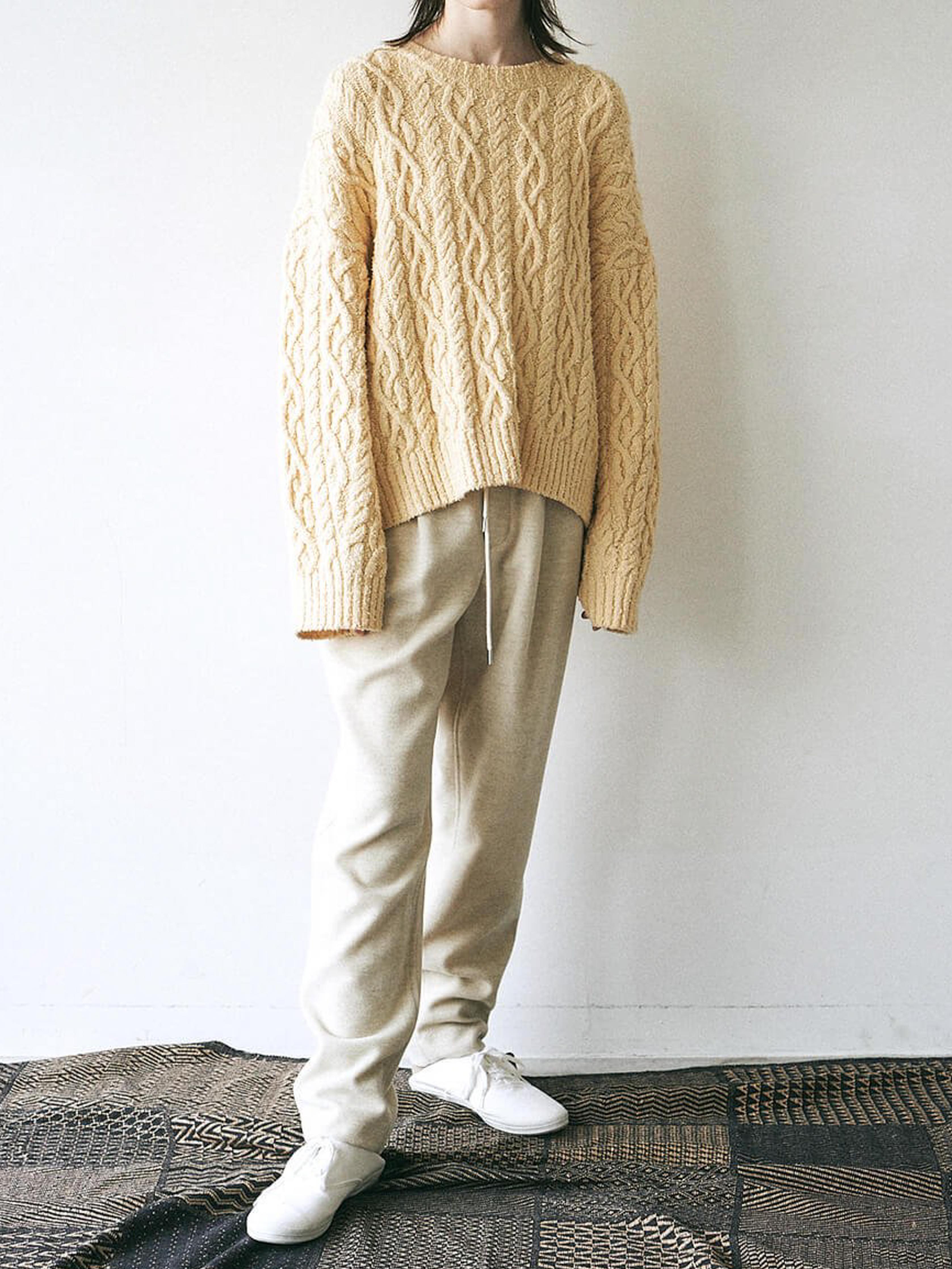 Namu Shop - Unfil French Merino Cotton Boucle Cable Knit Sweater - Ecru