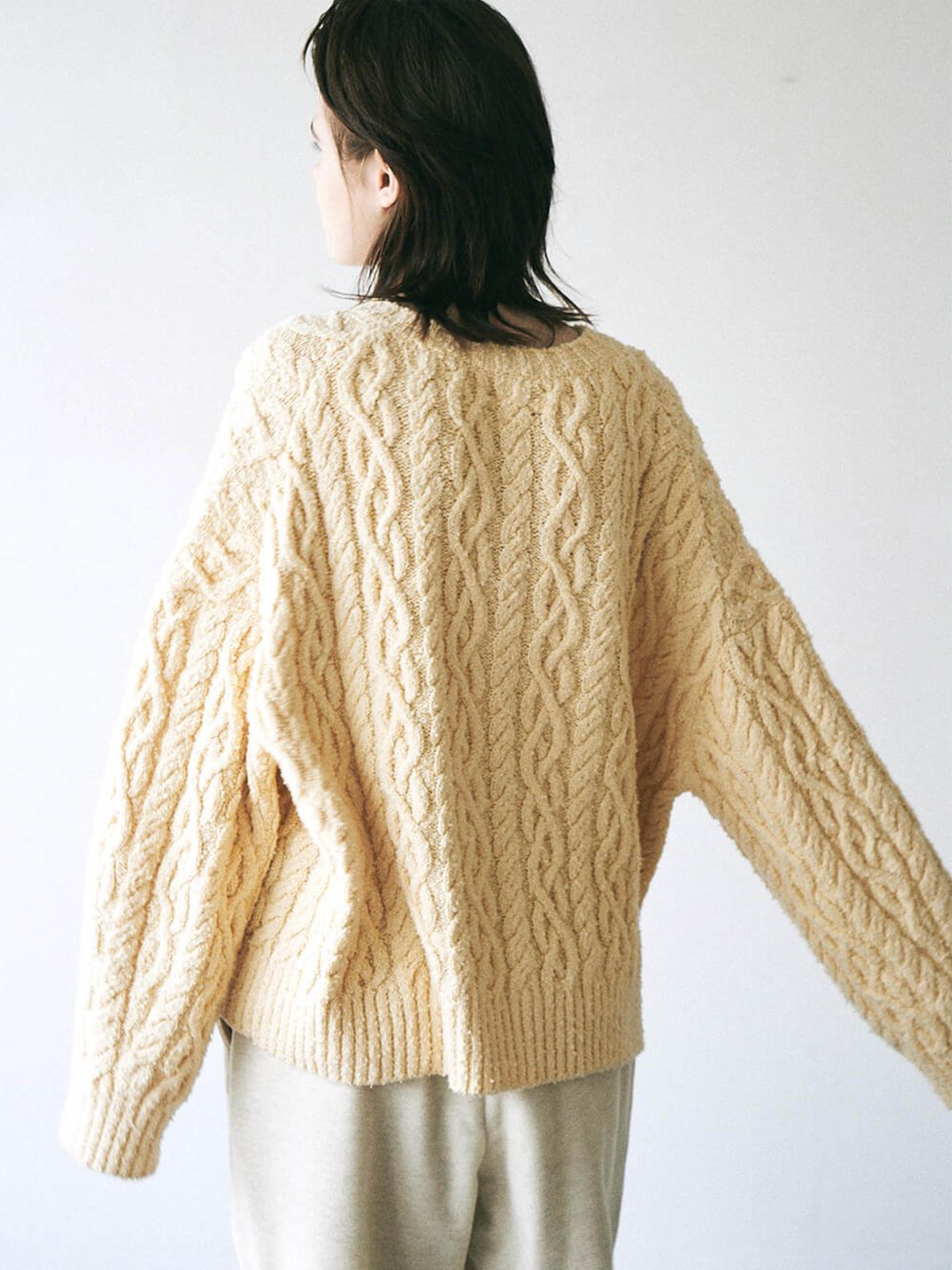 Namu Shop - Unfil French Merino Cotton Boucle Cable Knit Sweater - Ecru