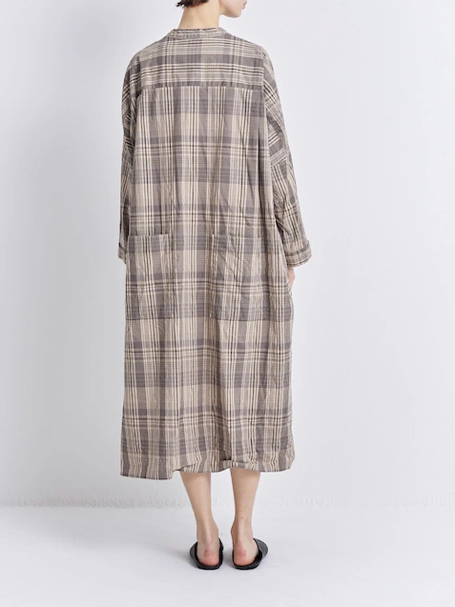 Namu Shop - Veritecoeur Band Collar Dress - Brown Check