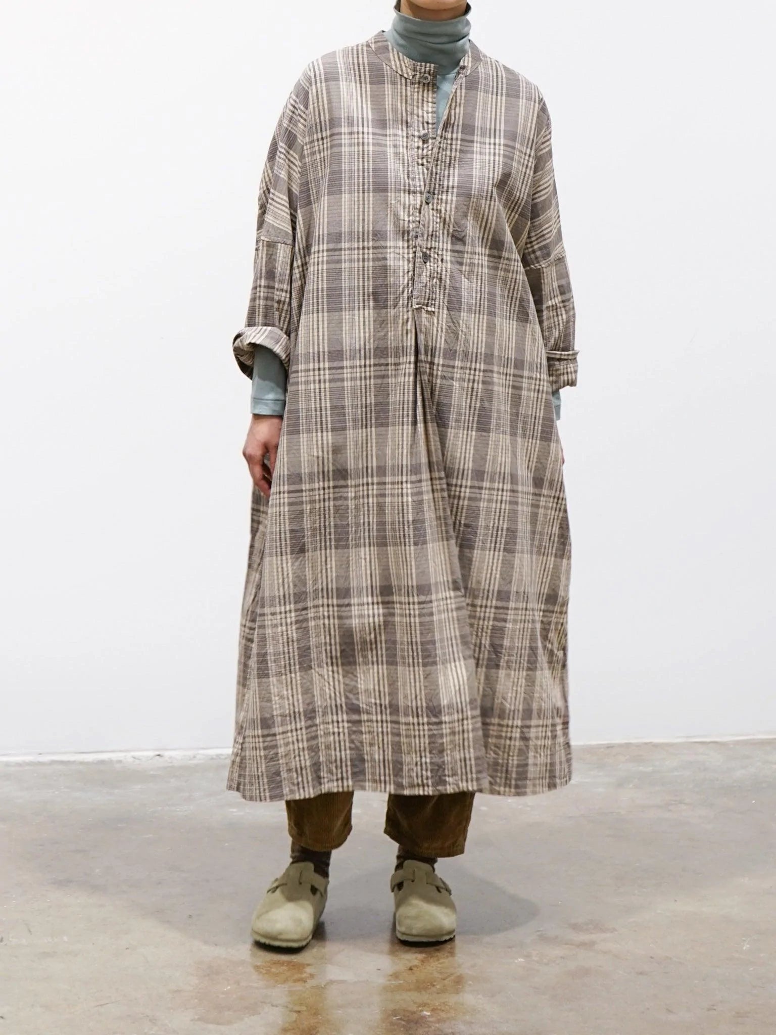 Namu Shop - Veritecoeur Band Collar Dress - Brown Check