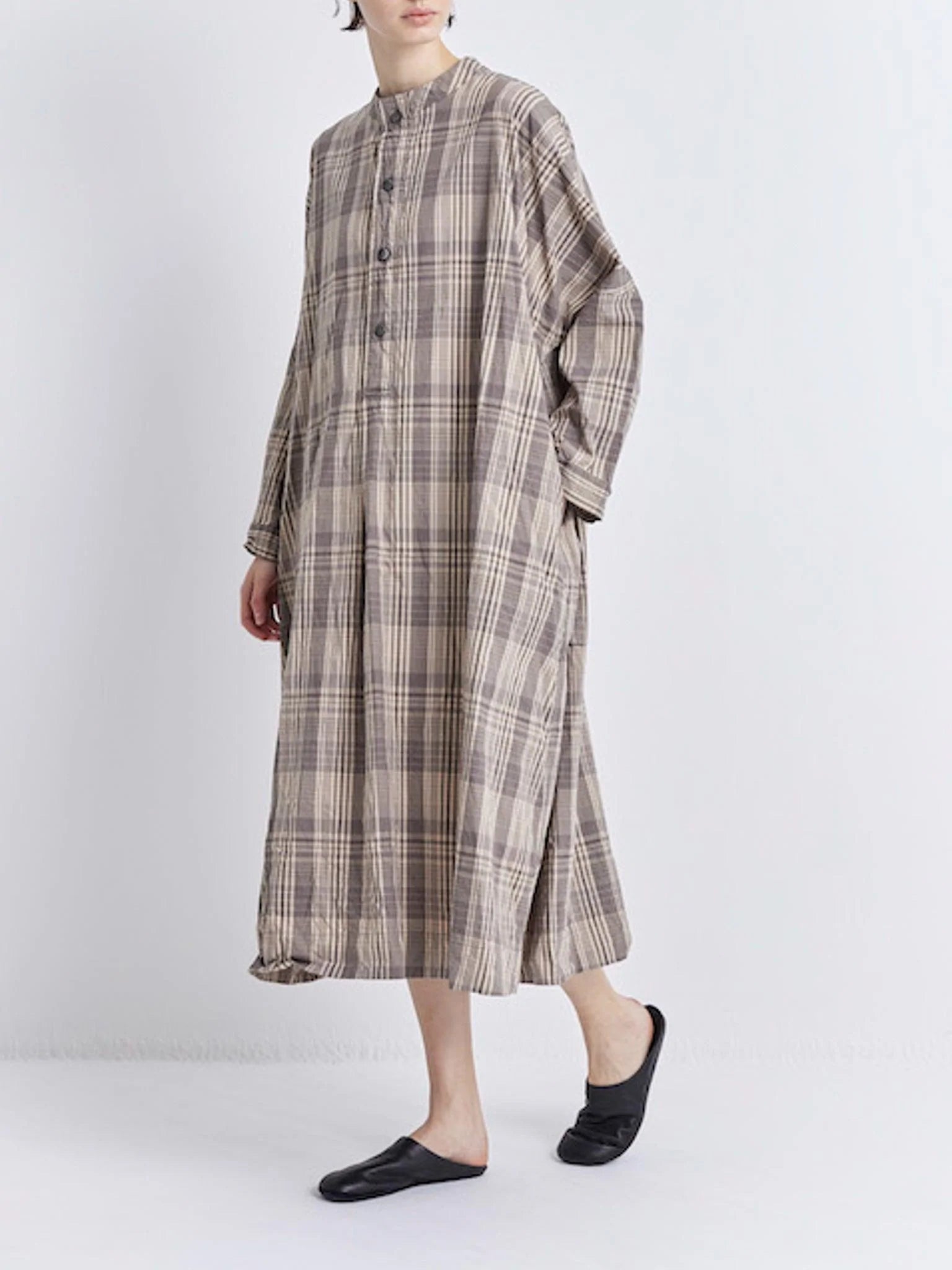 Namu Shop - Veritecoeur Band Collar Dress - Brown Check