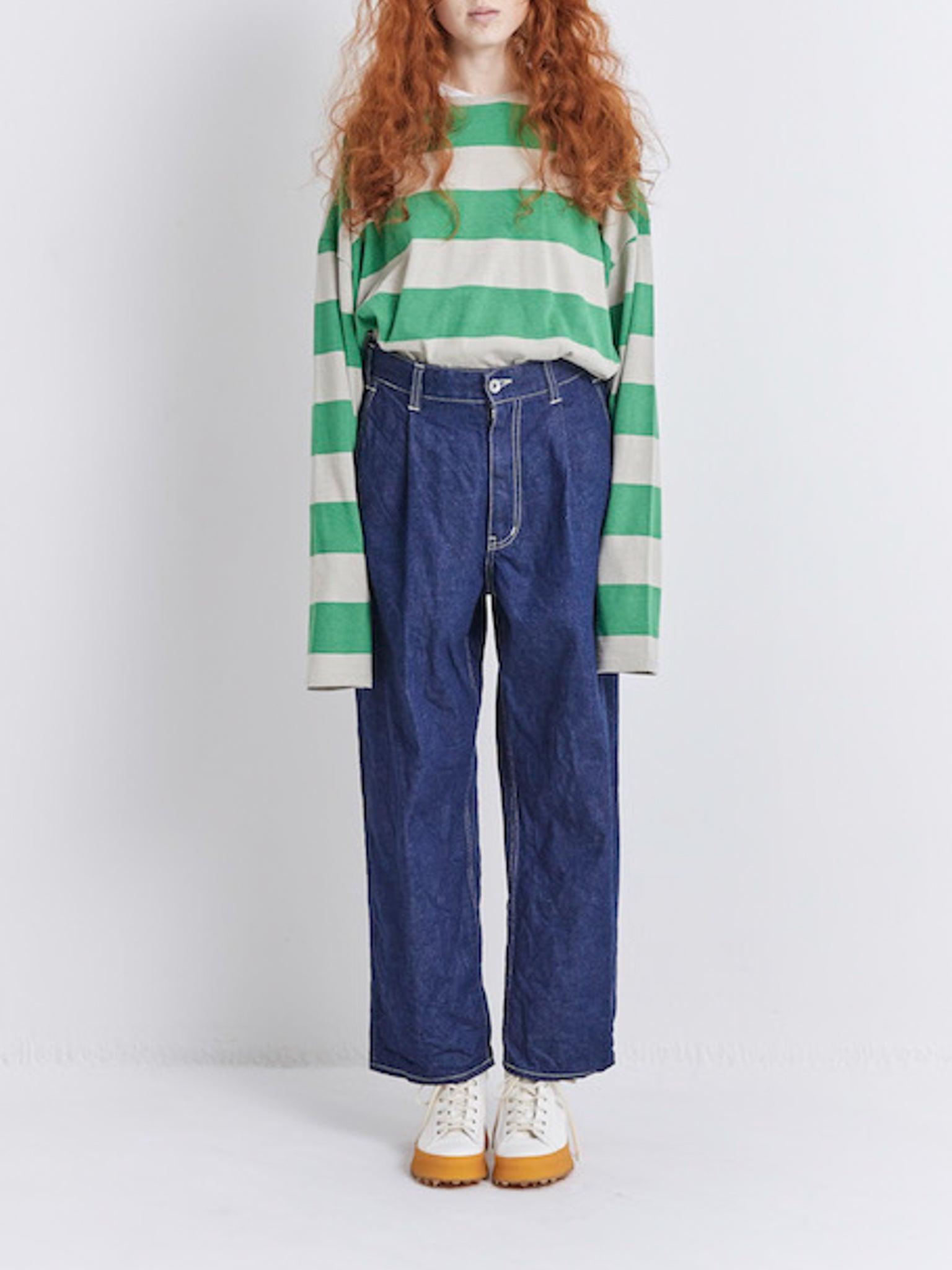 Namu Shop - Veritecoeur Border Long Sleeve Tee - Greige x Green